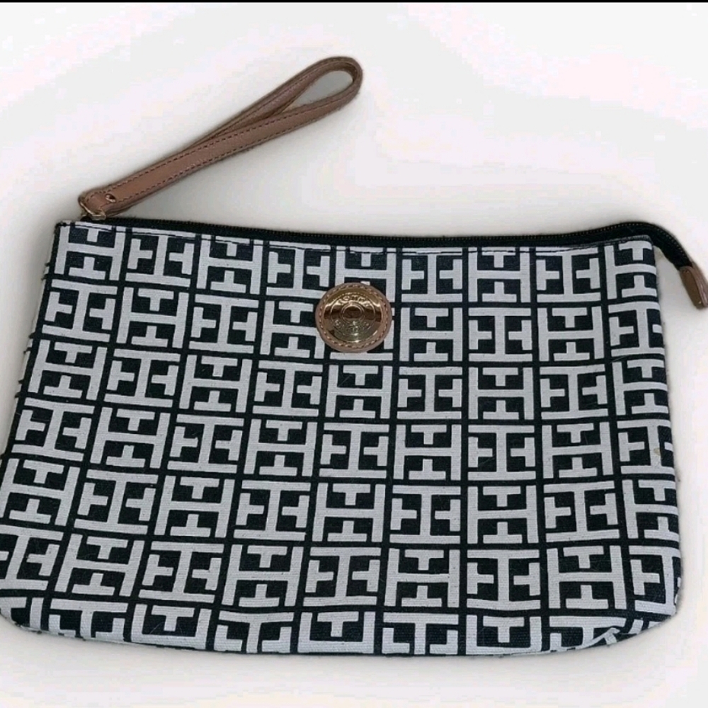 Tommy Hilfiger Canvas Clutch Bag, Logo Signature Design, Black And White
